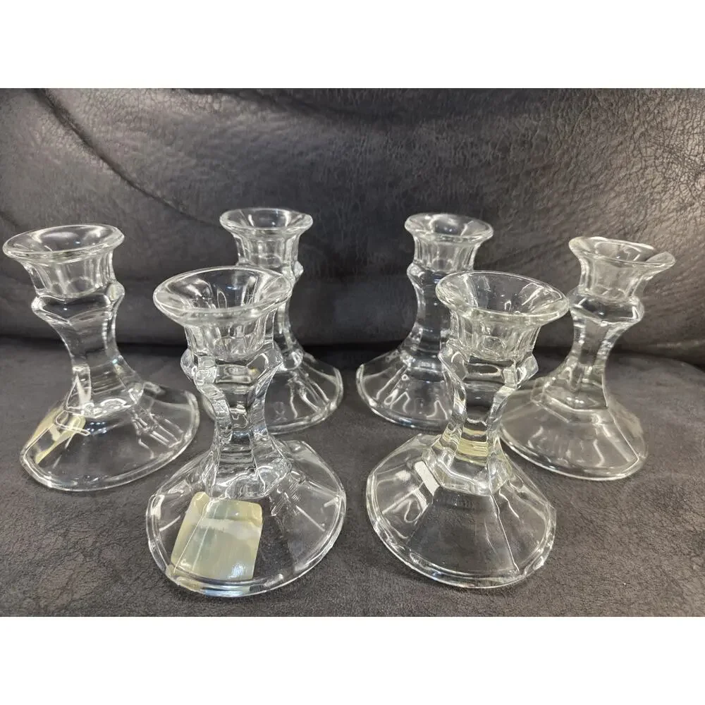 Libbey Crisa Glass Candlestick Holders Lot of 12 Aquamarine Blue Clear Taper